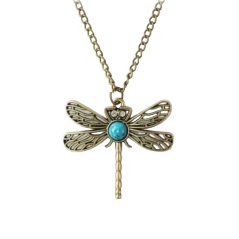 DRAGONFLY Long Chain Bronze Turquoise Sweater Necklace Retro Boho Hippie - Picture 2 of 11